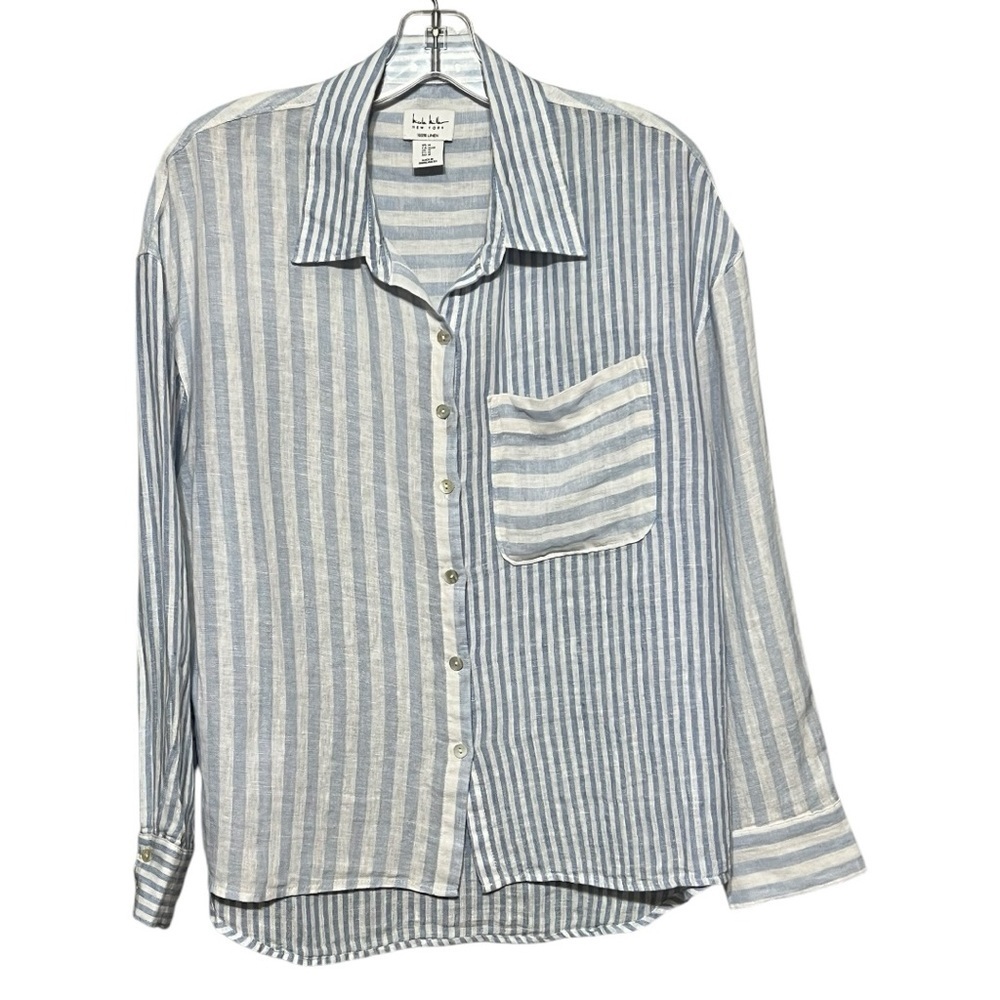 Nicole Miller Stripe Linen Shirt Blue White Long Sleeve Button Front Top Medium